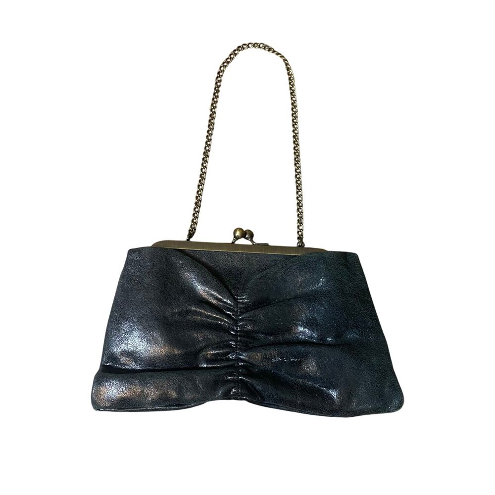 Hobo International Black Leather clasp top snap Evening Bag Chain Strap date